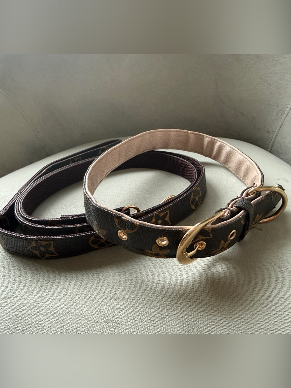 Designer-Style Brown Monogram Leather Dog Leash and Collar w/ Gold Tone Hardware
